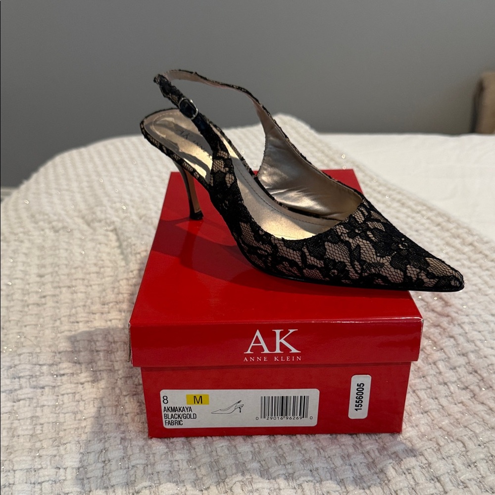 Anne Klein Akmakaya Black Lace Slingback Heels